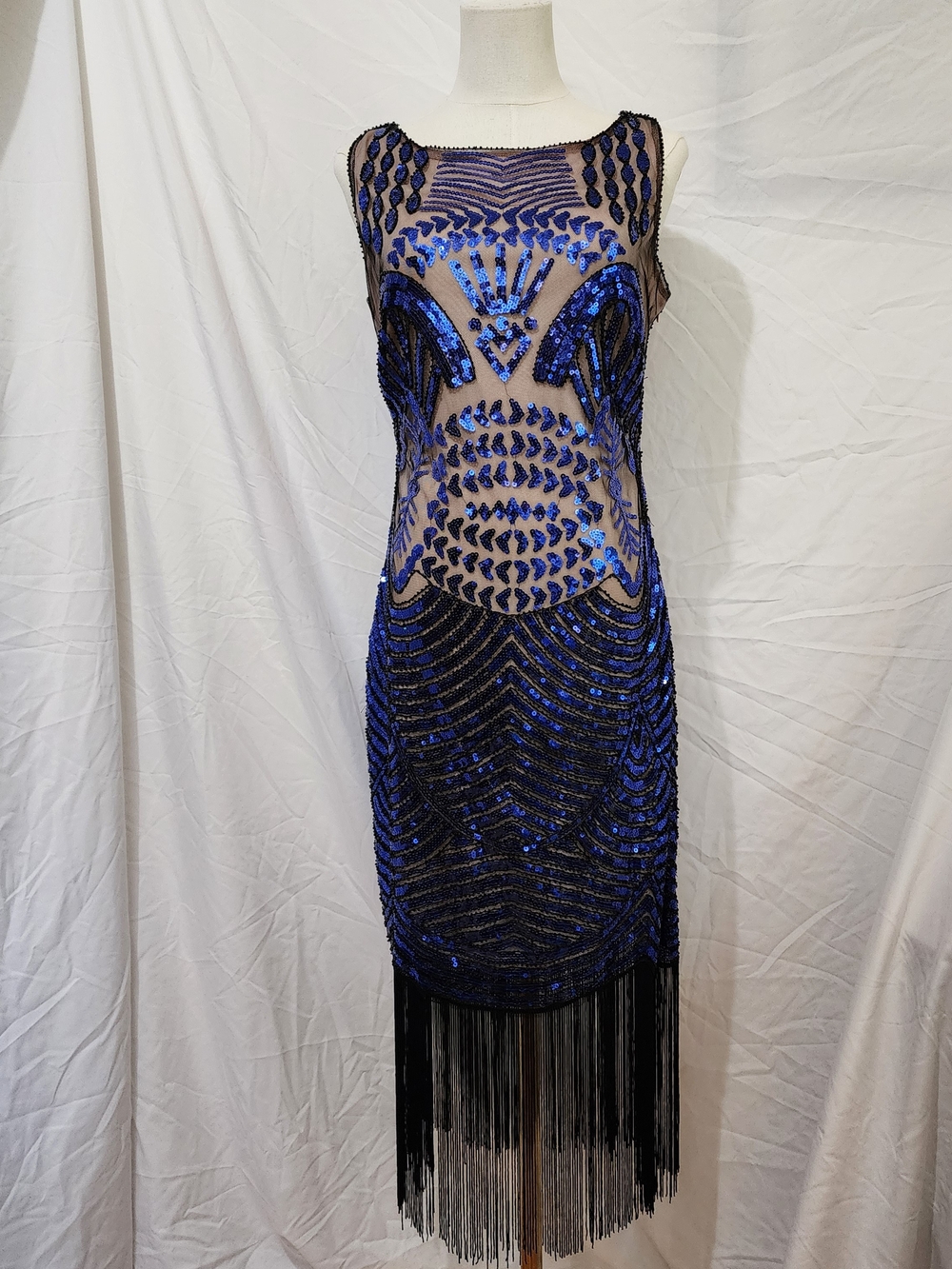 Unique Vintage Royal Blue Sequin Sheer Backless Dress - Picture 2 of 5